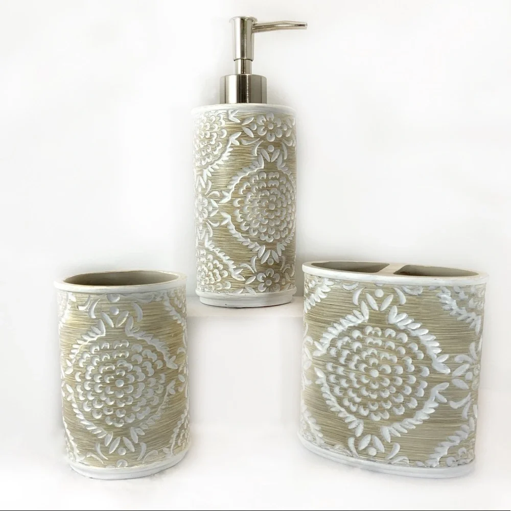 Elite Khaki 3 Piece Bathroom Vanity Accessory Set Tan/Beige White